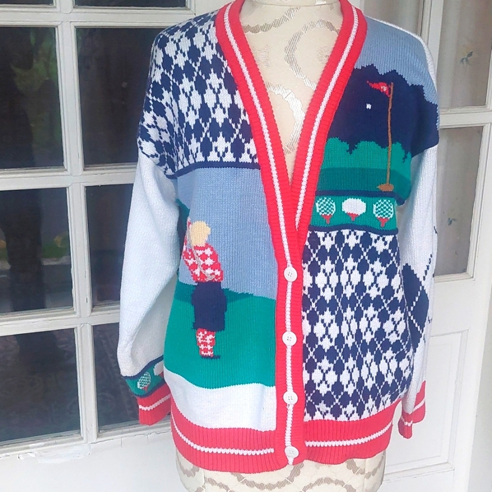 Eddie Bauer 90s Golf Novelty Cardigan Sweater Size Sm
